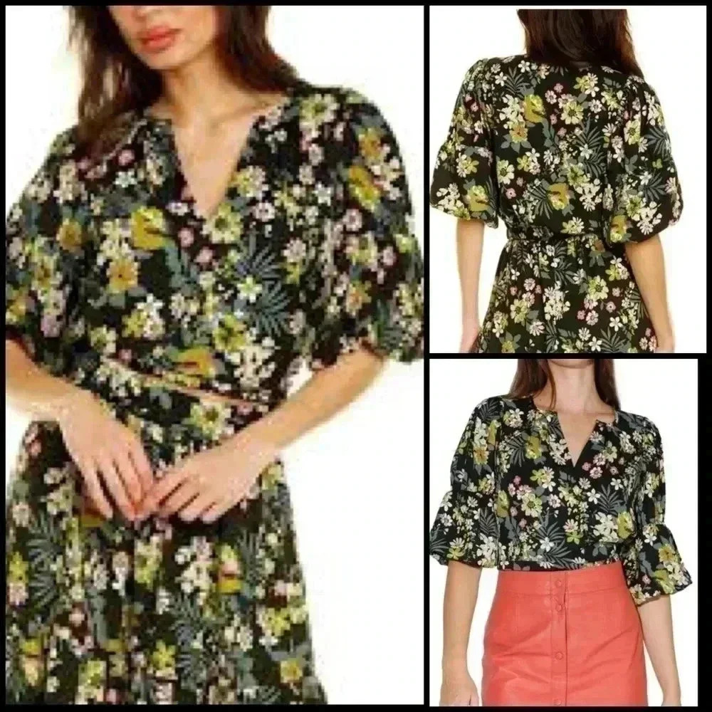 Walter Baker Libby Bungalow Bloom Floral Print Coquette V Neck Crepe Top Size M